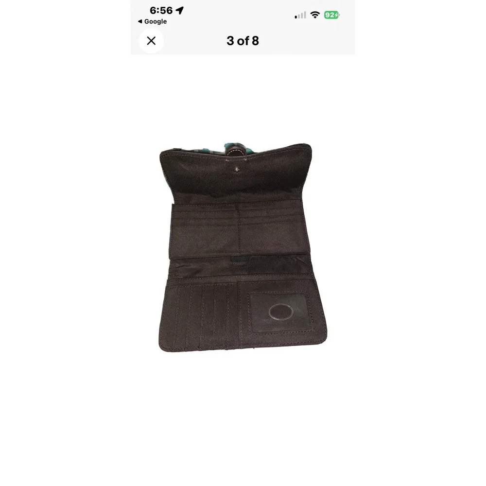 Liz & Co Womens Trifold Wallet Brown Geometric Logo Print Multi Color Buckle‎